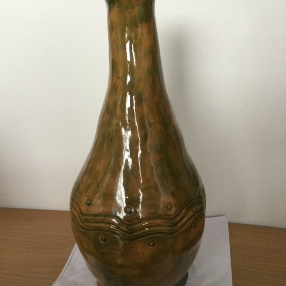 Vintage handmade ceramic bottle vase lamp base 13 3/8" heavy signed Simone 65 - Picture 3 of 7